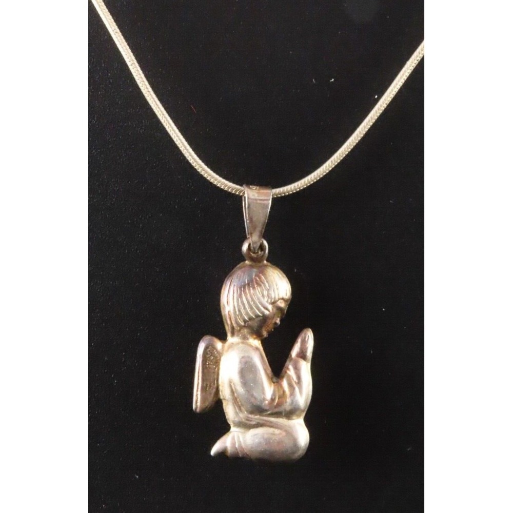 STERLING SILVER Omega Chain Necklace ADORABLE PUFFY PENDANT Child Angel Praying